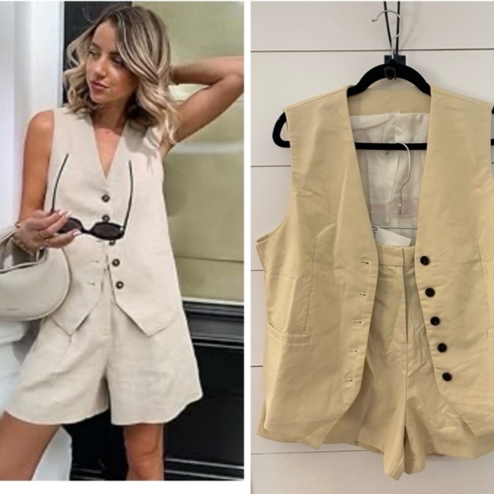 NWT INDEFEIR L Cream button Polyester vest and short set Trendy effortless boho